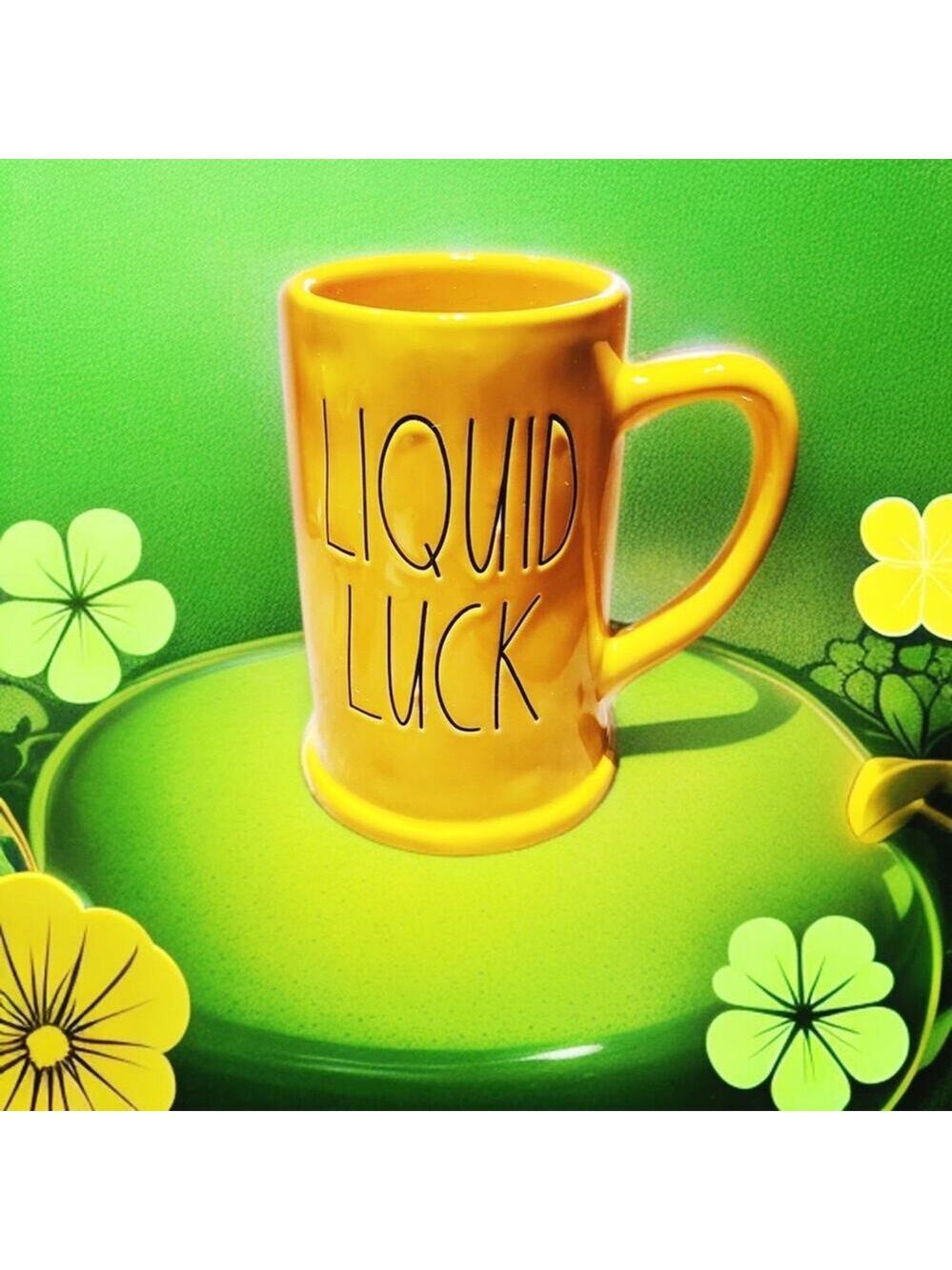 RAE DUNN CERAMIC MUG LIQUID LUCK TALL YELLOW GLAZED ST PATRICKS DAY